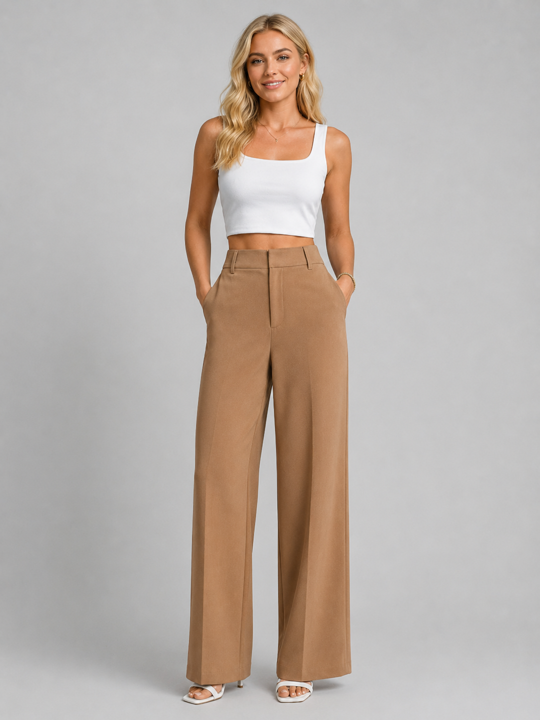 Women's Floor-Length Palazzo Trousers with High Rise and Front Pleats - Clementine - Camel