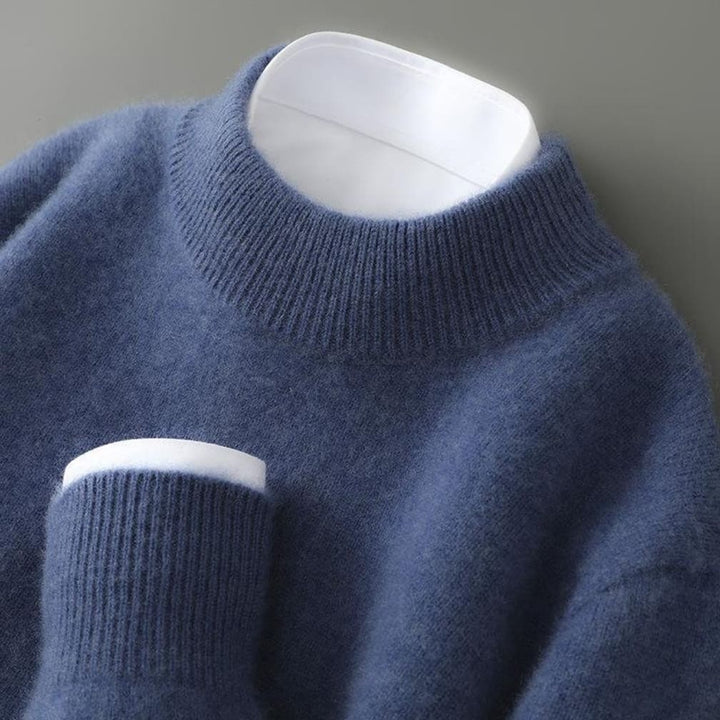 Men's Soft Knit Mock-Neck Sweater with Ribbed Collar and Cuffs - Clement - Denim Blue
