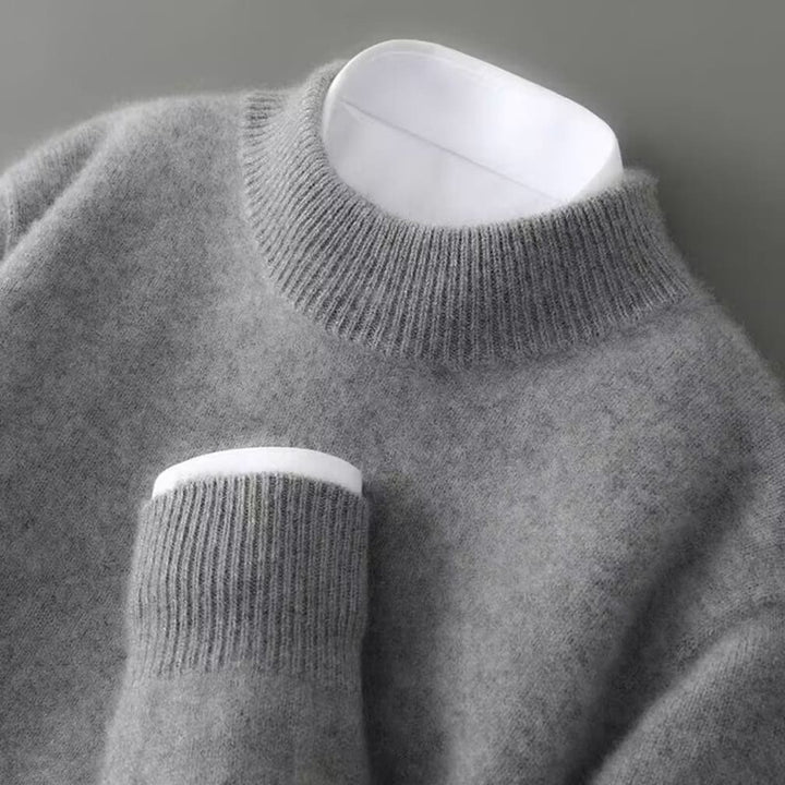 Men's Soft Knit Mock-Neck Sweater with Ribbed Collar and Cuffs - Clement - Grey