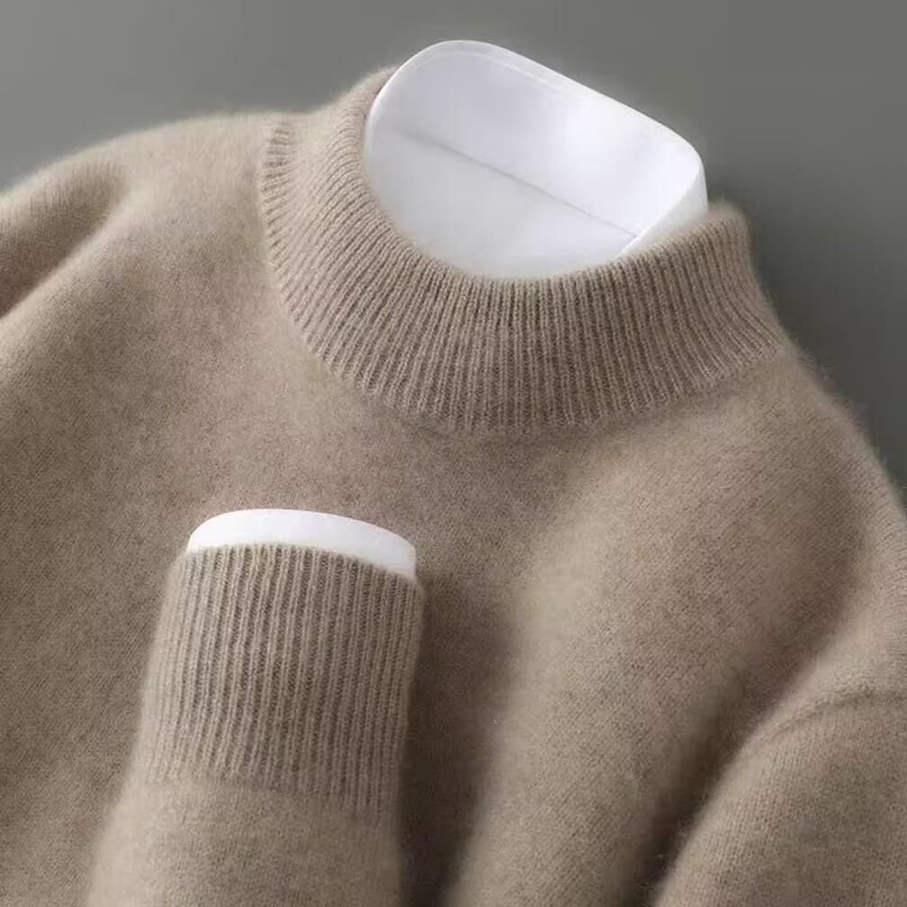 Men's Soft Knit Mock-Neck Sweater with Ribbed Collar and Cuffs - Clement - Camel