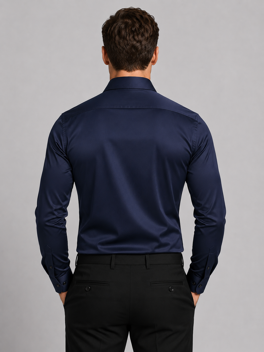 Men's Tailored Long-Sleeve Evening Shirt with Spread Collar and Glossy Finish - Radley - Navy