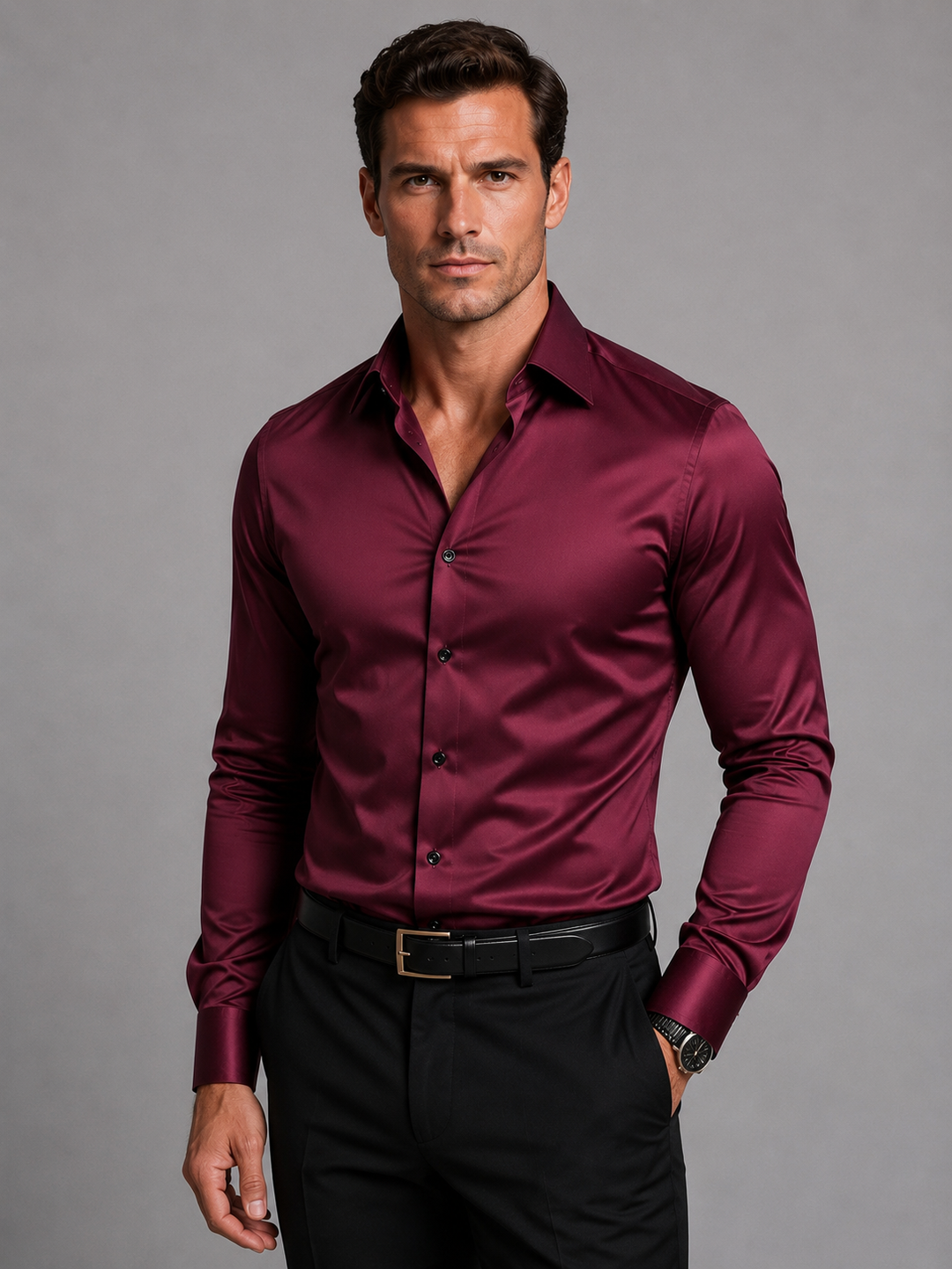 Men's Tailored Long-Sleeve Evening Shirt with Spread Collar and Glossy Finish - Radley - Burgundy