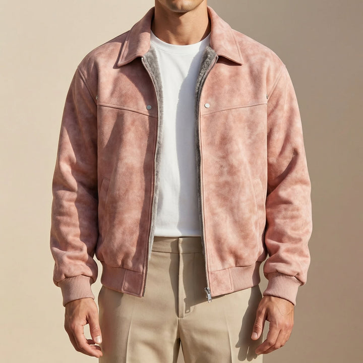 Men's Zip-Front Bomber-Style Jacket with Collar and Ribbed Cuffs - Rollo - Dusty Pink