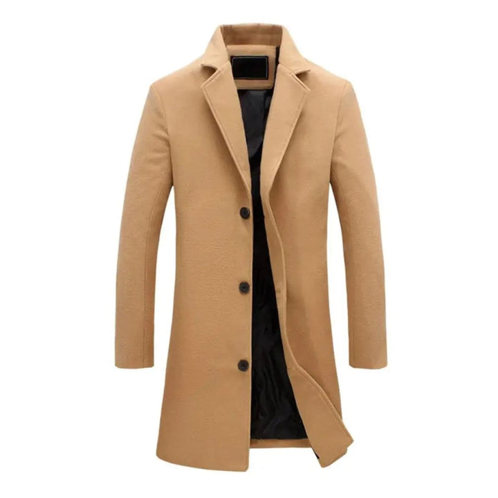 Men's Single-Breasted Long Overcoat with Notched Lapels and Three Buttons - Aldous - Camel