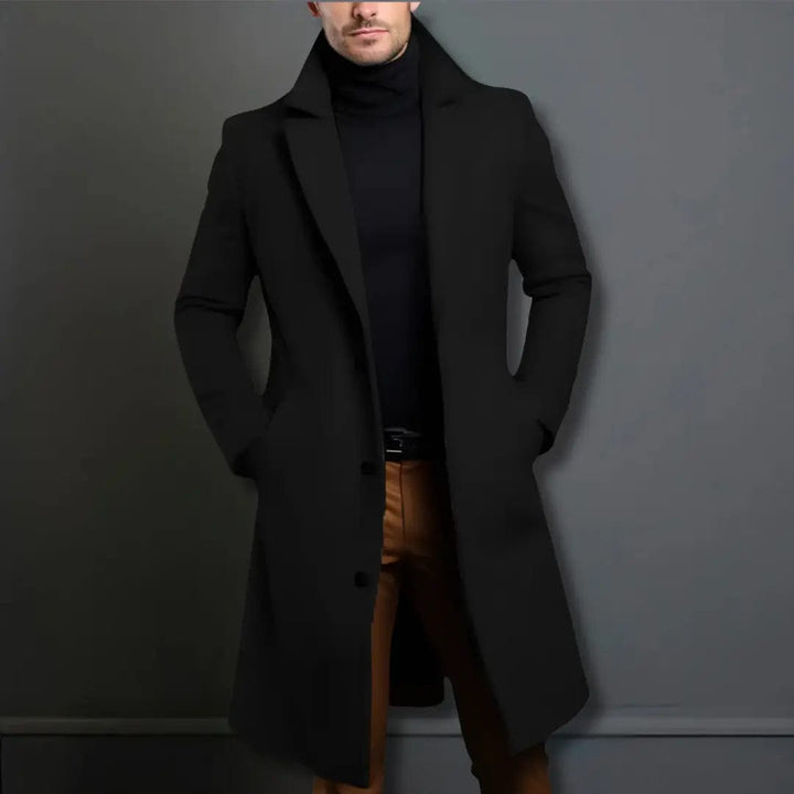 Men's Single-Breasted Long Overcoat with Notched Lapels and Three Buttons - Aldous - Black