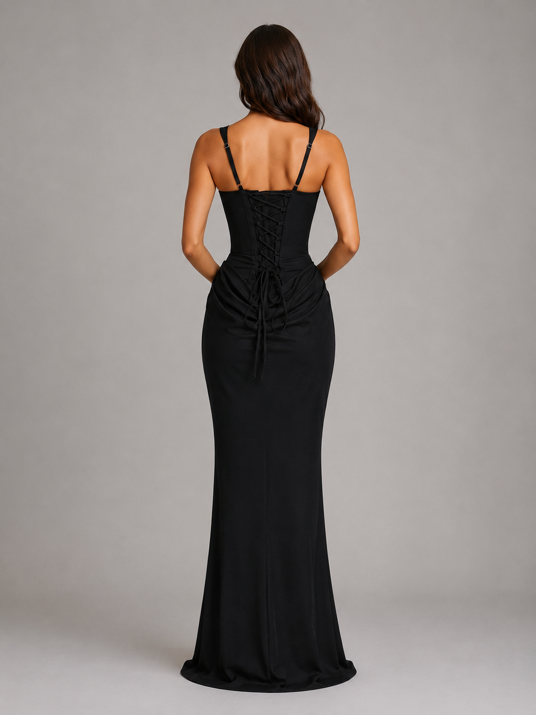 Women's Square-Neck Maxi Dress with Structured Bodice, Gathered Waist and Lace-Up Back - Aveline - Chocolate