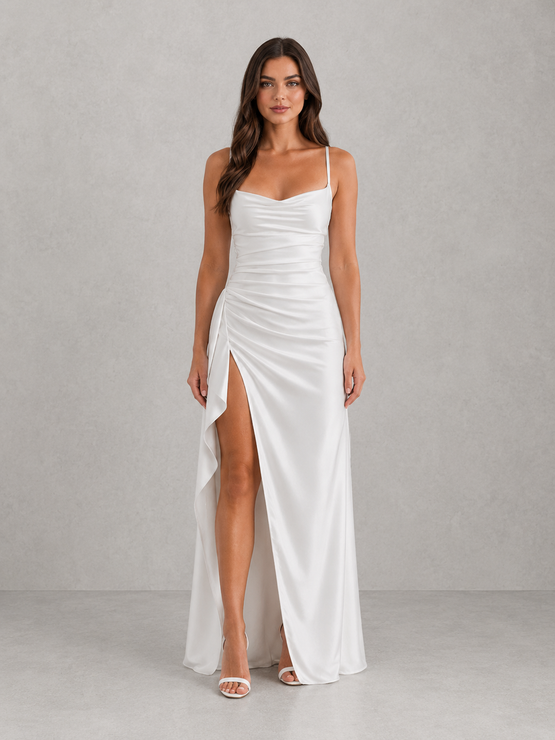 Women's Maxi Evening Dress with Cowl Neck, Ruched Waist and Side Slit - Persephone - Ivory