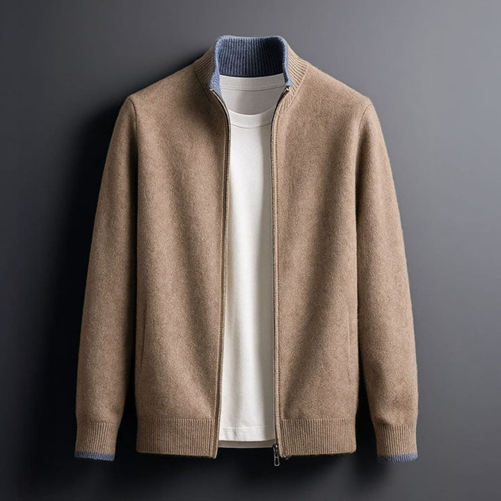 Men's Zip-Up Knit Jacket with Stand Collar and Contrast Trim Cuffs - Aubrey - Camel