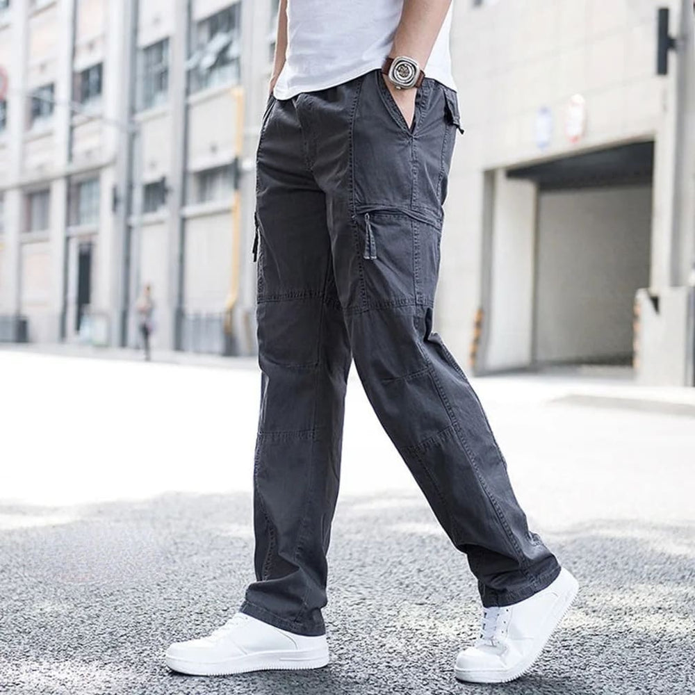 Men's Multi-Pocket Straight-Leg Cargo Trousers with Elastic Waist - Dunstan - Dark Slate