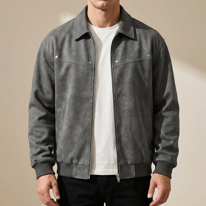 Men's Zip-Front Bomber-Style Jacket with Collar and Ribbed Cuffs - Rollo - Grey