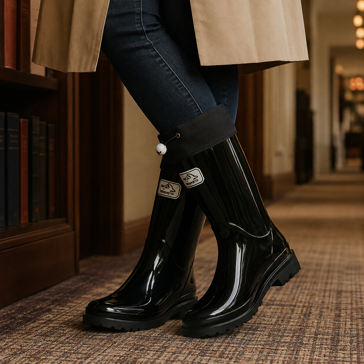 Women's Mid-Calf Rain Boots with Drawstring Cuff and Glossy Finish - Sylvain - Black