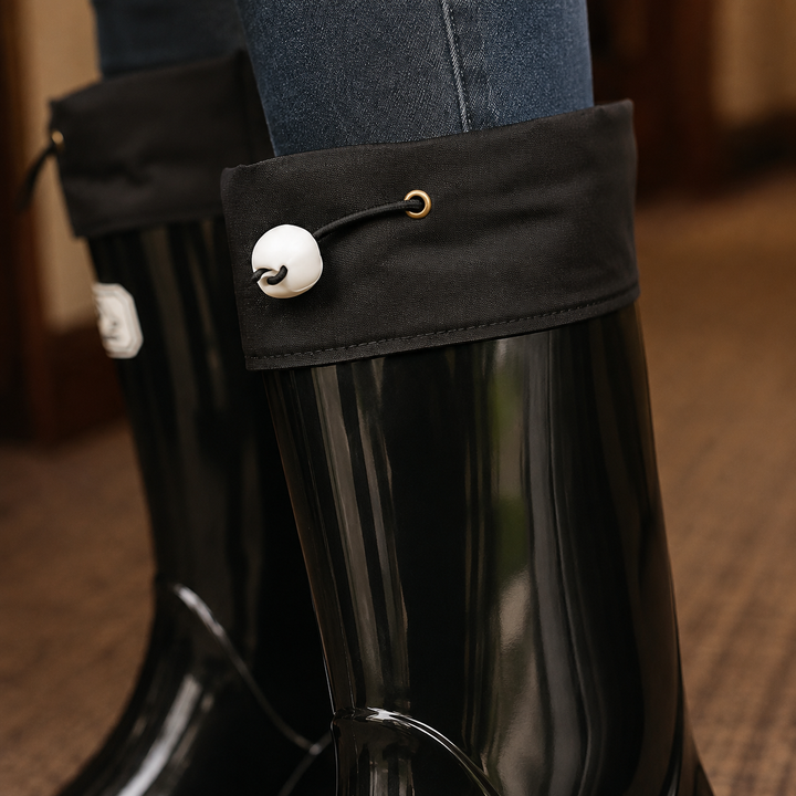 Women's Mid-Calf Rain Boots with Drawstring Cuff and Glossy Finish - Sylvain - Black