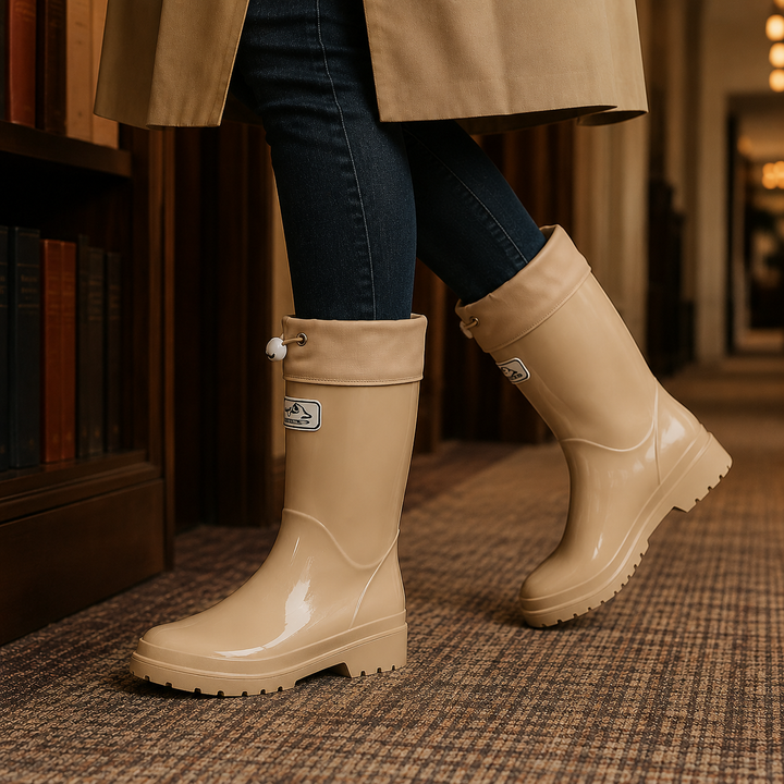 Women's Mid-Calf Rain Boots with Drawstring Cuff and Glossy Finish - Sylvain - Sand
