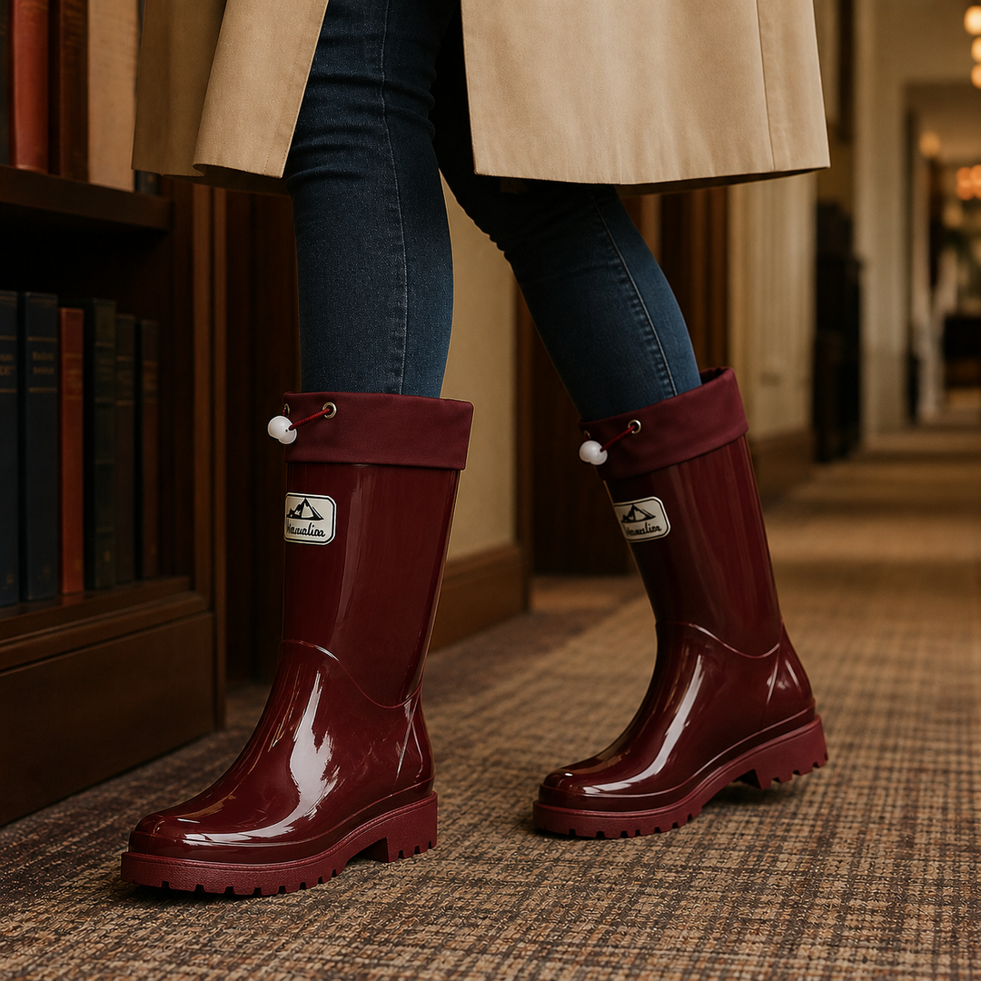 Women's Mid-Calf Rain Boots with Drawstring Cuff and Glossy Finish - Sylvain - Burgundy