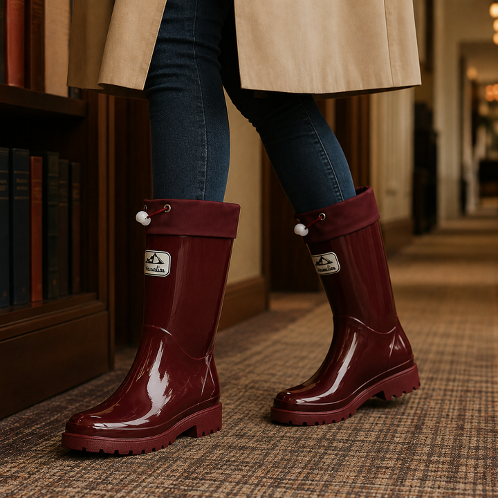 Women's Mid-Calf Rain Boots with Drawstring Cuff and Glossy Finish - Sylvain - Burgundy