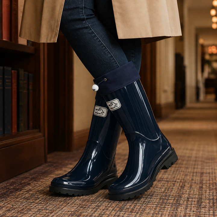 Women's Mid-Calf Rain Boots with Drawstring Cuff and Glossy Finish - Sylvain - Navy