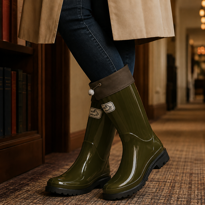 Women's Mid-Calf Rain Boots with Drawstring Cuff and Glossy Finish - Sylvain - Olive Green