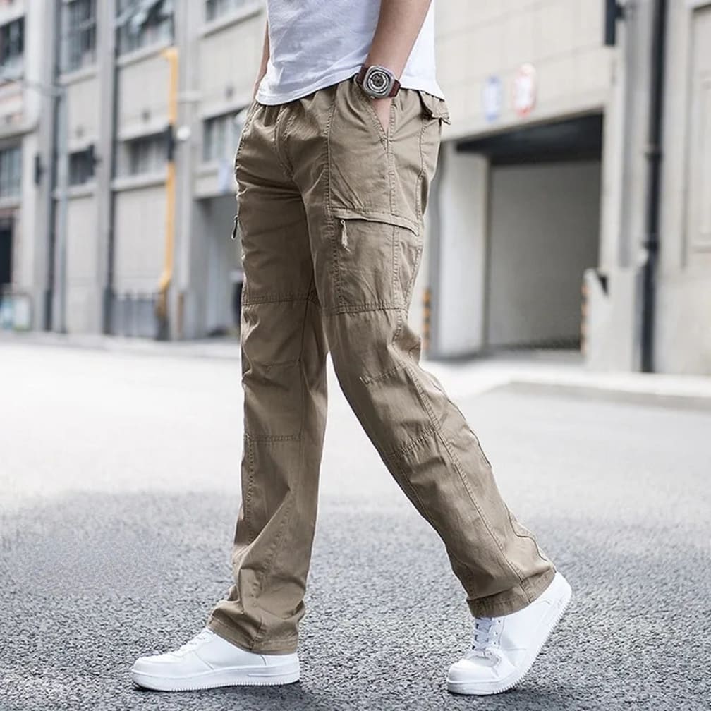 Men's Multi-Pocket Straight-Leg Cargo Trousers with Elastic Waist - Dunstan - Khaki