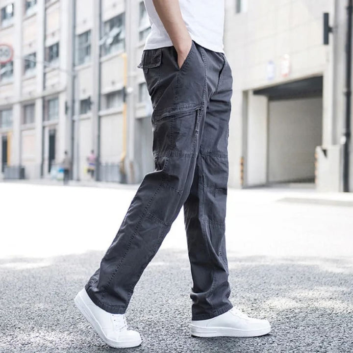 Men's Multi-Pocket Straight-Leg Cargo Trousers with Elastic Waist - Dunstan - Olive