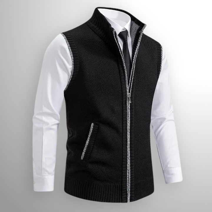 Men's Zip-Front Knit Vest with Stand Collar and Zip Pockets - Cuthbert - Black