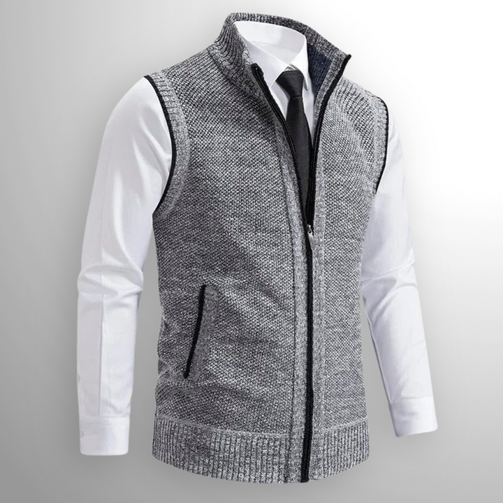 Men's Zip-Front Knit Vest with Stand Collar and Zip Pockets - Cuthbert - Light Grey
