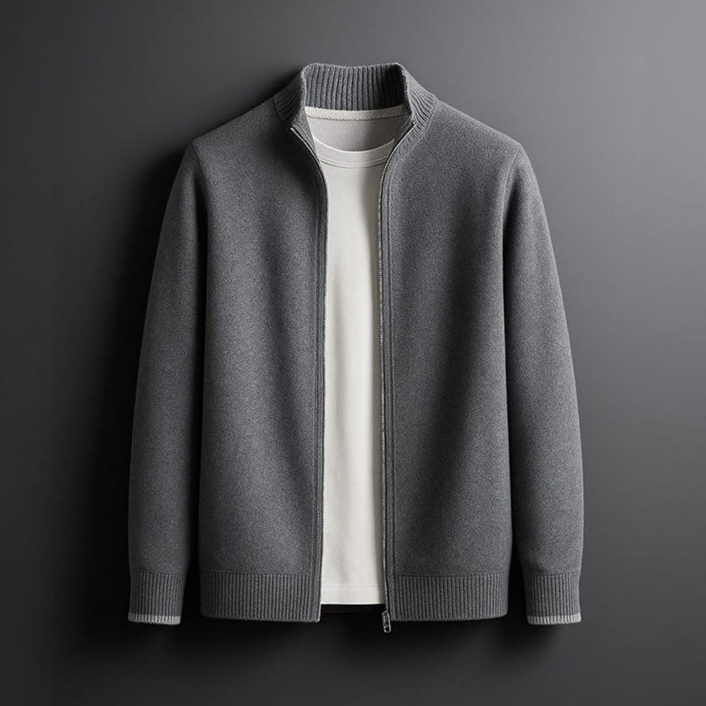 Men's Zip-Up Knit Jacket with Stand Collar and Contrast Trim Cuffs - Aubrey - Grey