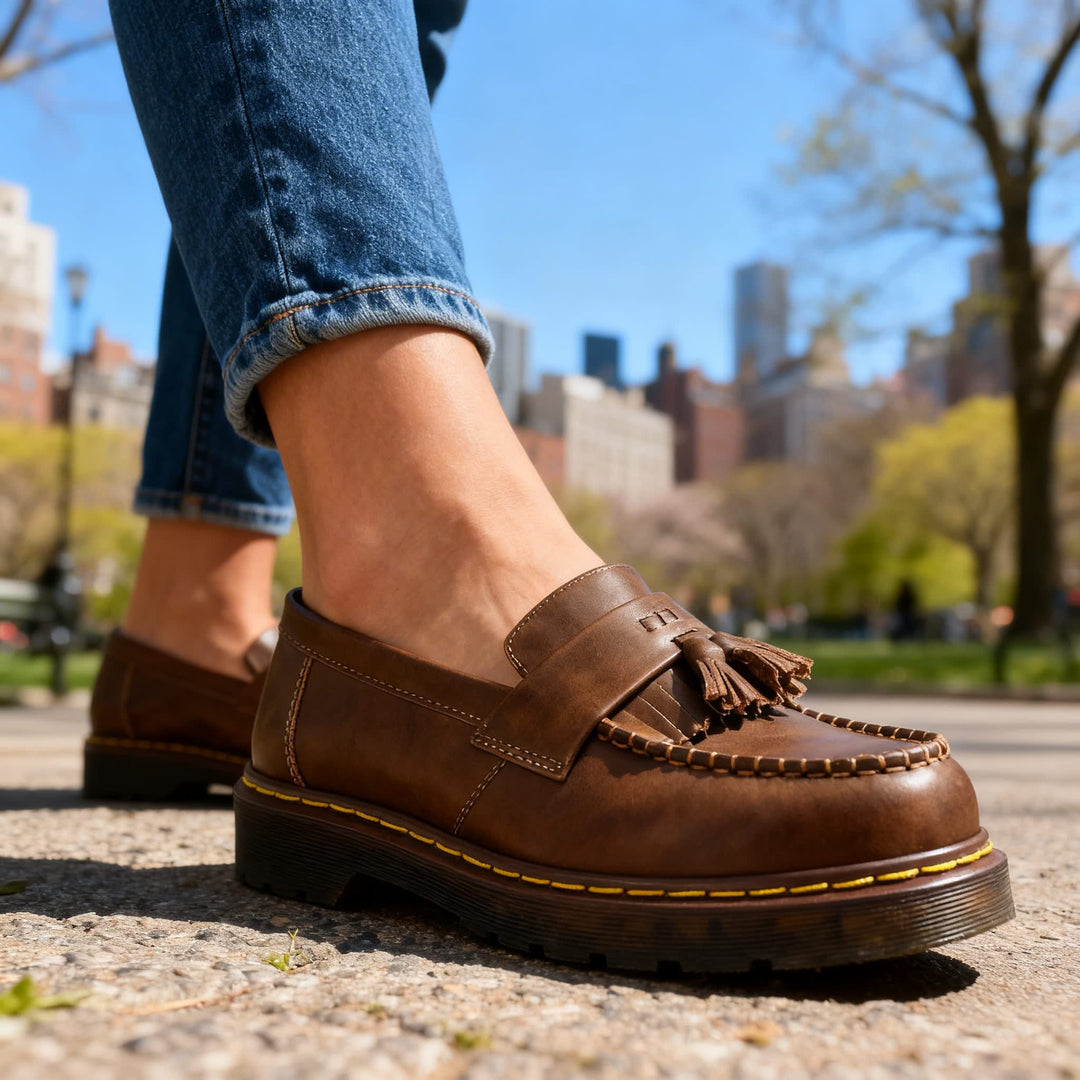 Women's Chunky Tassel Loafers with Lug Sole and Contrast Stitching - Quillon - Brown