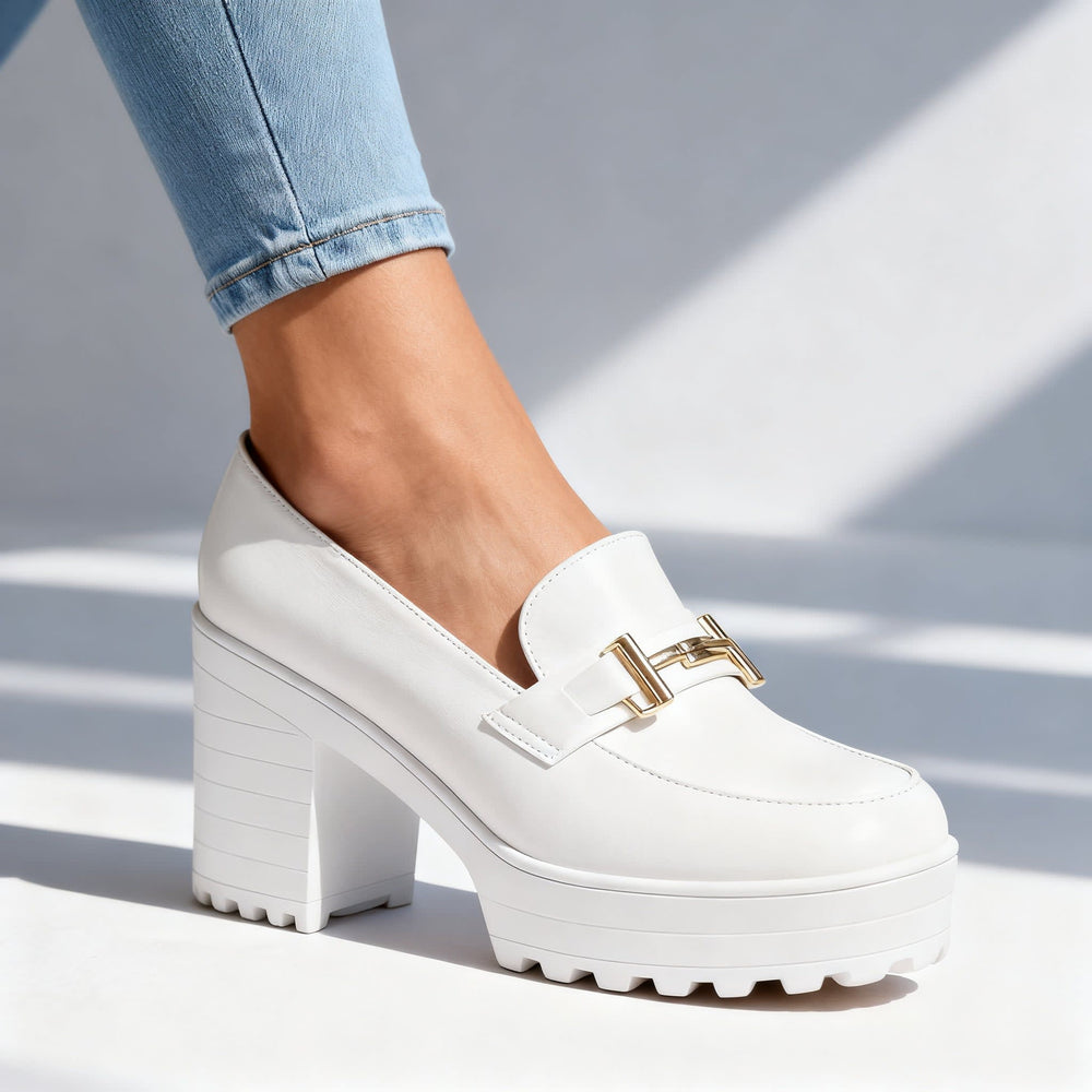 Women's Chunky Platform Loafers with Gold-Tone Buckle Detail and Block Heel - Edwina - White
