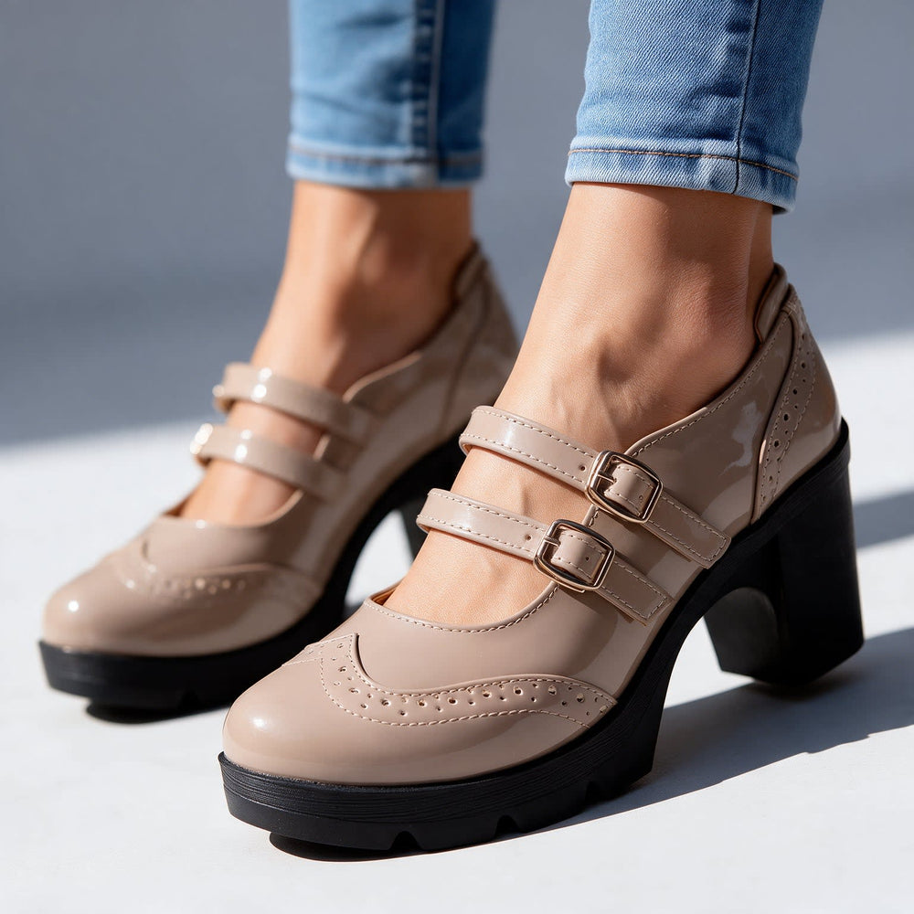 Women's Chunky Block-Heel Mary Jane Shoes with Double Buckle Straps - Kiera - Nude Beige