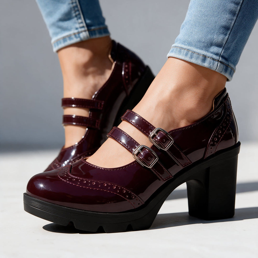 Women's Chunky Block-Heel Mary Jane Shoes with Double Buckle Straps - Kiera - Burgundy