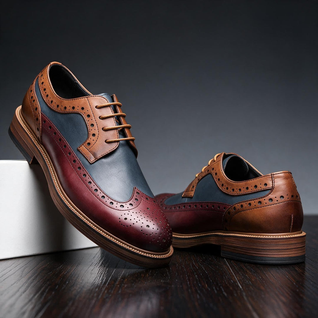 Men's Lace-Up Brogue Derby Shoes with Two-Tone Panels and Wingtip Toe - Hartley - Brown & Navy