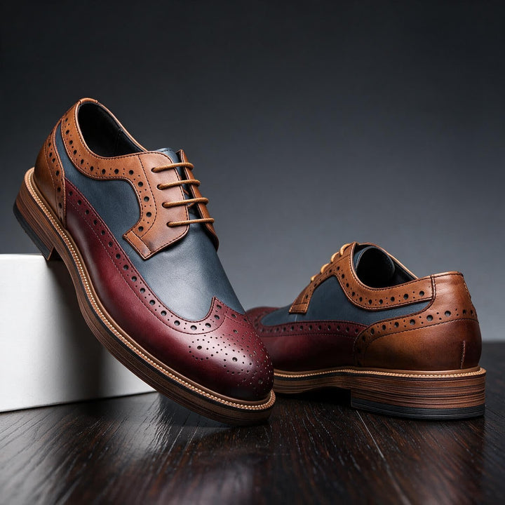 Men's Lace-Up Brogue Derby Shoes with Two-Tone Panels and Wingtip Toe - Hartley - Brown & Navy