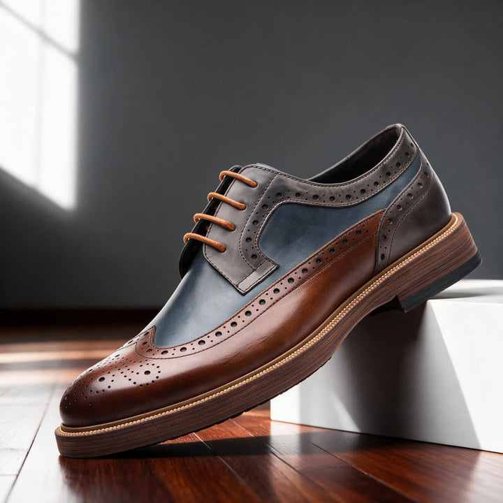 Men's Lace-Up Brogue Derby Shoes with Two-Tone Panels and Wingtip Toe - Hartley - Brown & Navy