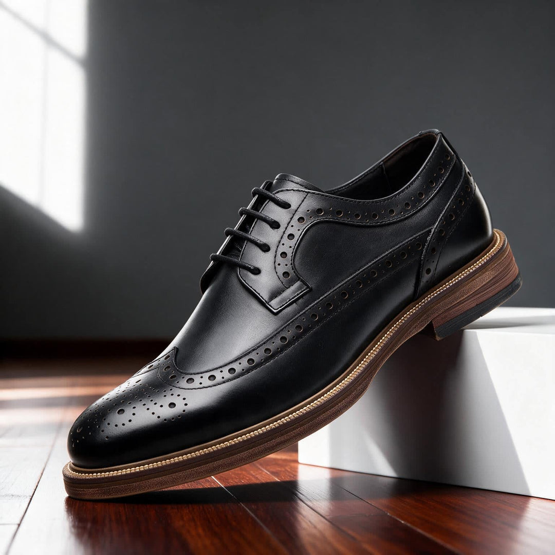 Men's Lace-Up Brogue Derby Shoes with Two-Tone Panels and Wingtip Toe - Hartley - Black