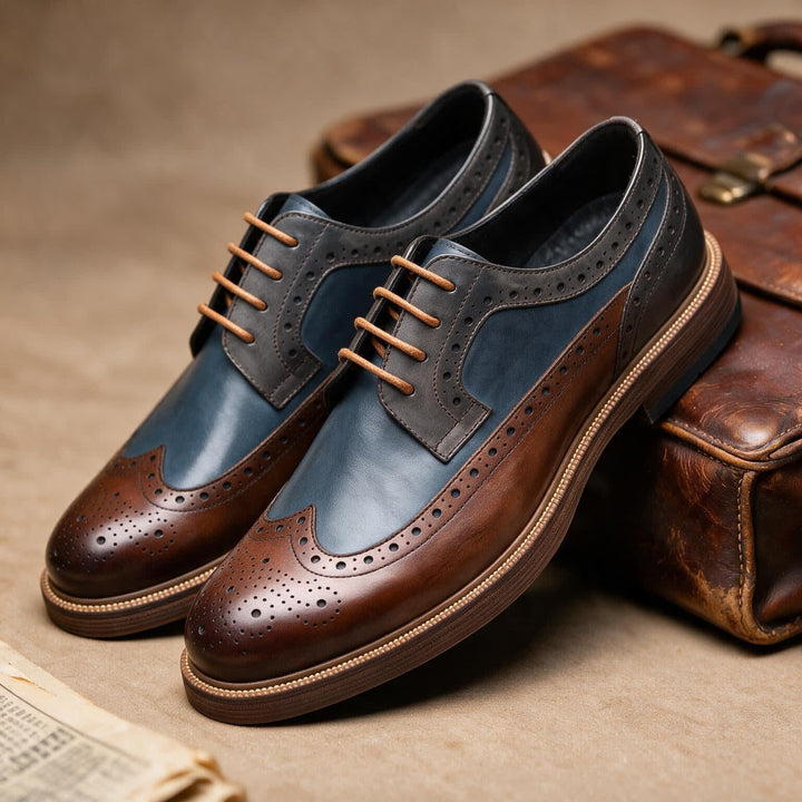 Men's Lace-Up Brogue Derby Shoes with Two-Tone Panels and Wingtip Toe - Hartley - Brown & Navy