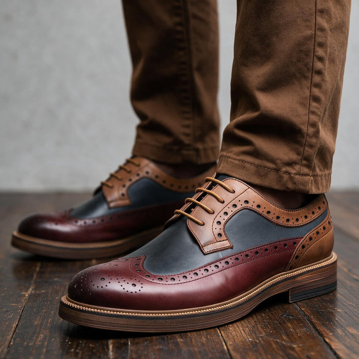 Men's Lace-Up Brogue Derby Shoes with Two-Tone Panels and Wingtip Toe - Hartley - Brown & Navy