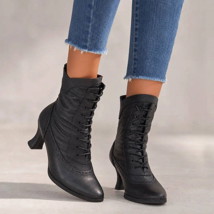 Women's Lace-Up Ankle Boots with Brogue Detail and Stacked Heel - Elowen - Black