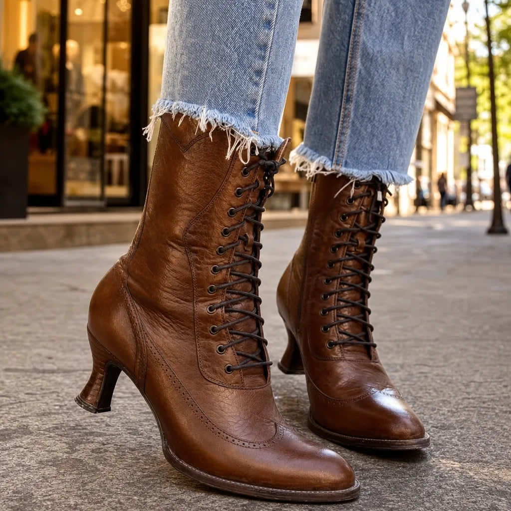 Women's Lace-Up Ankle Boots with Brogue Detail and Stacked Heel - Elowen - Brown
