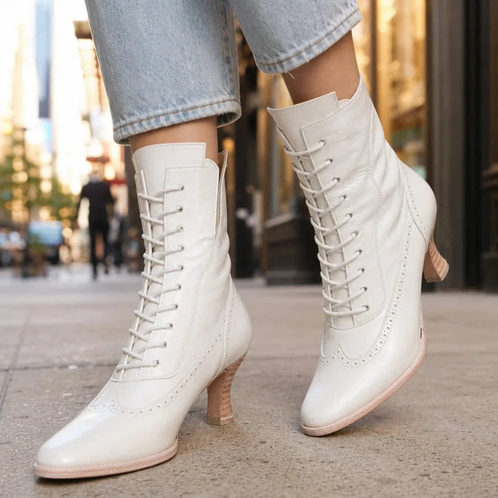 Women's Lace-Up Ankle Boots with Brogue Detail and Stacked Heel - Elowen - Ivory