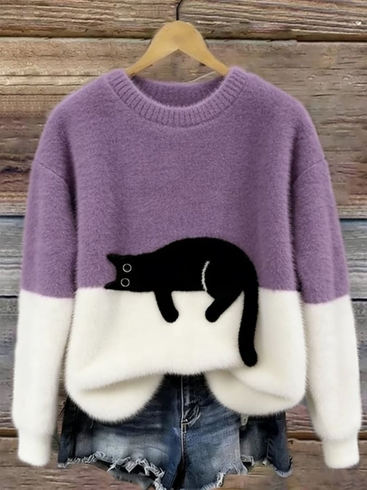 Women's Crew-Neck Jumper with Sleeping Cat Design and Two-Tone Body - Merryn - Lilac