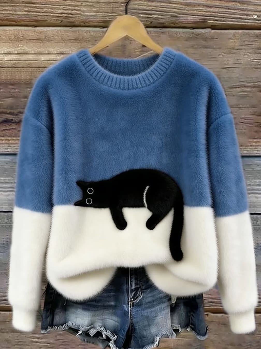 Women's Crew-Neck Jumper with Sleeping Cat Design and Two-Tone Body - Merryn - Denim Blue