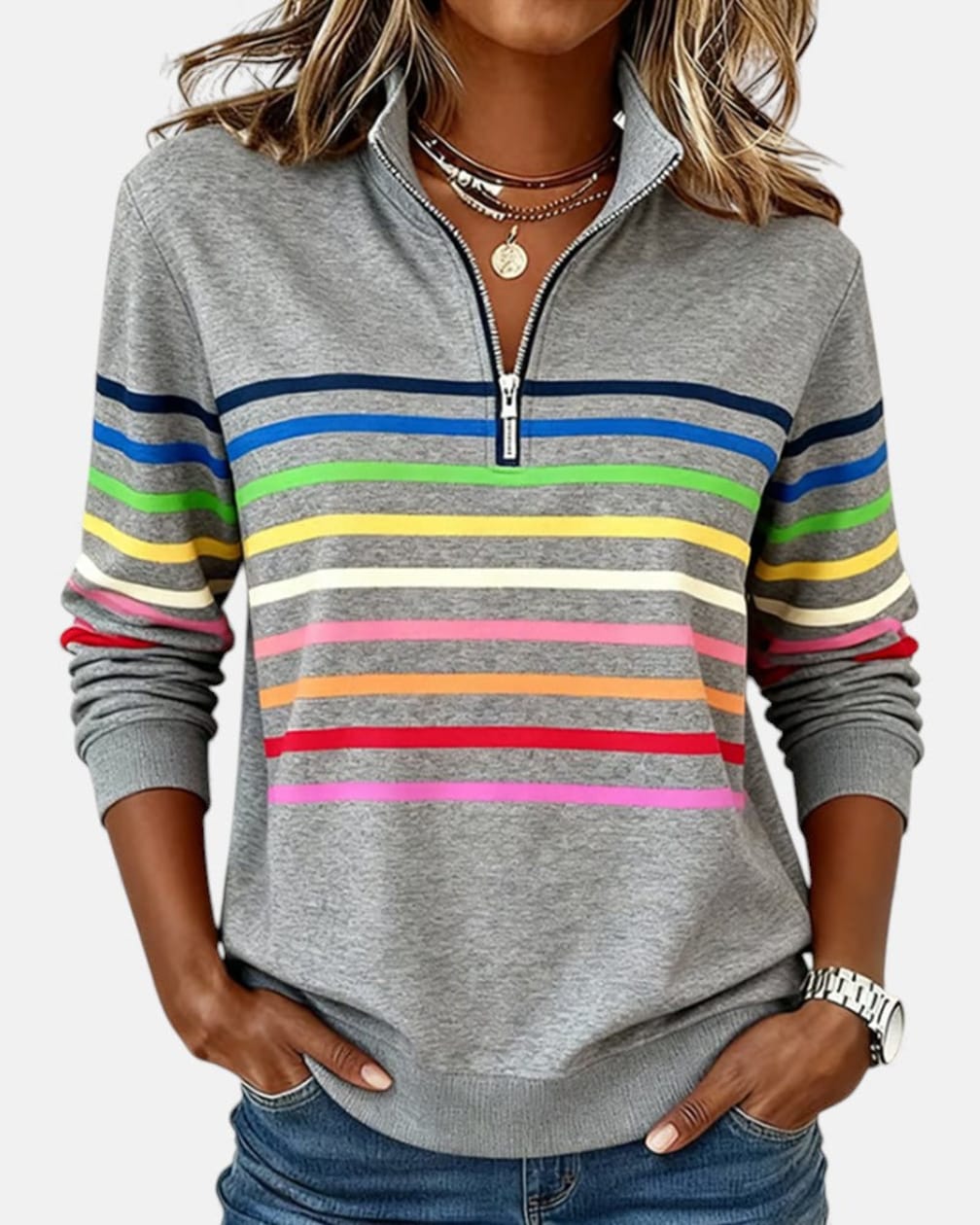 Women's Rainbow-Stripe Half-Zip Sweatshirt with Stand Collar - Hildegard - Grey