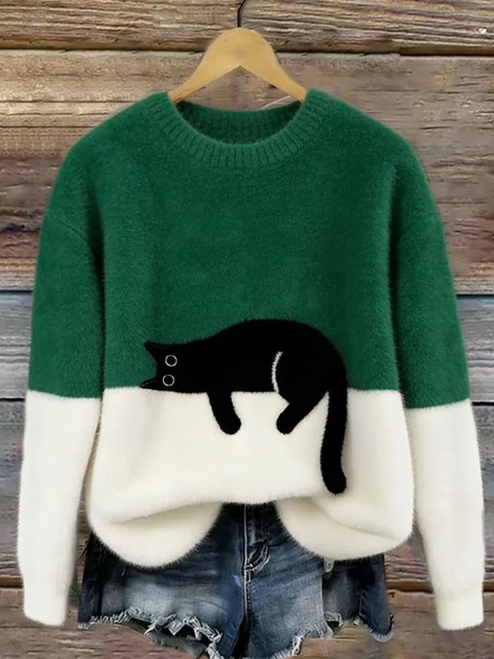 Women's Crew-Neck Jumper with Sleeping Cat Design and Two-Tone Body - Merryn - Forest Green