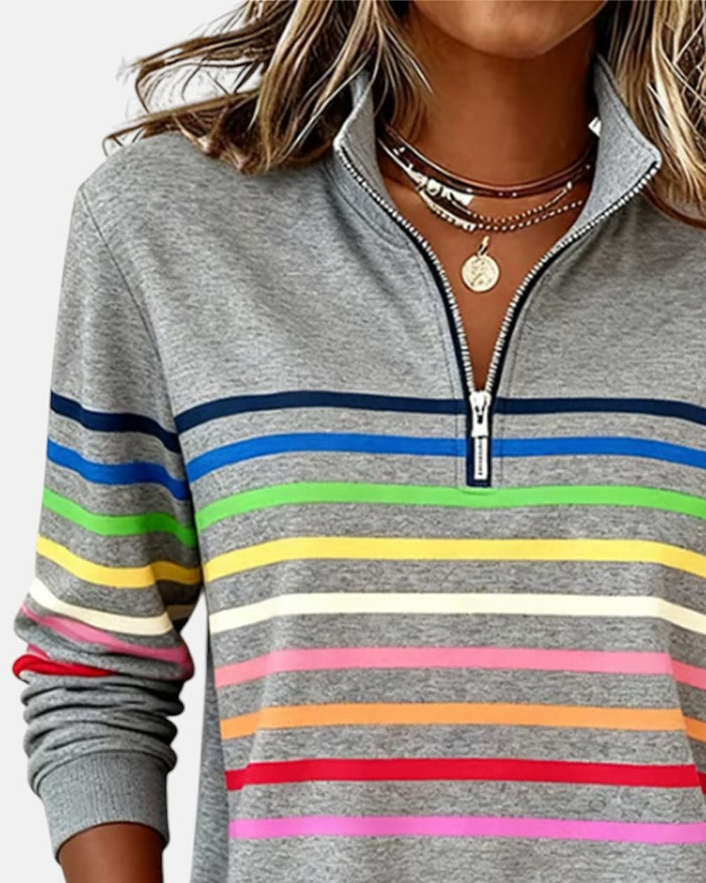 Women's Rainbow-Stripe Half-Zip Sweatshirt with Stand Collar - Hildegard - Grey