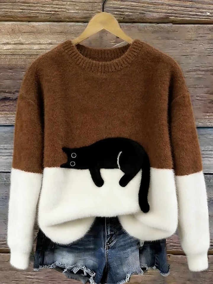 Women's Crew-Neck Jumper with Sleeping Cat Design and Two-Tone Body - Merryn - Chocolate