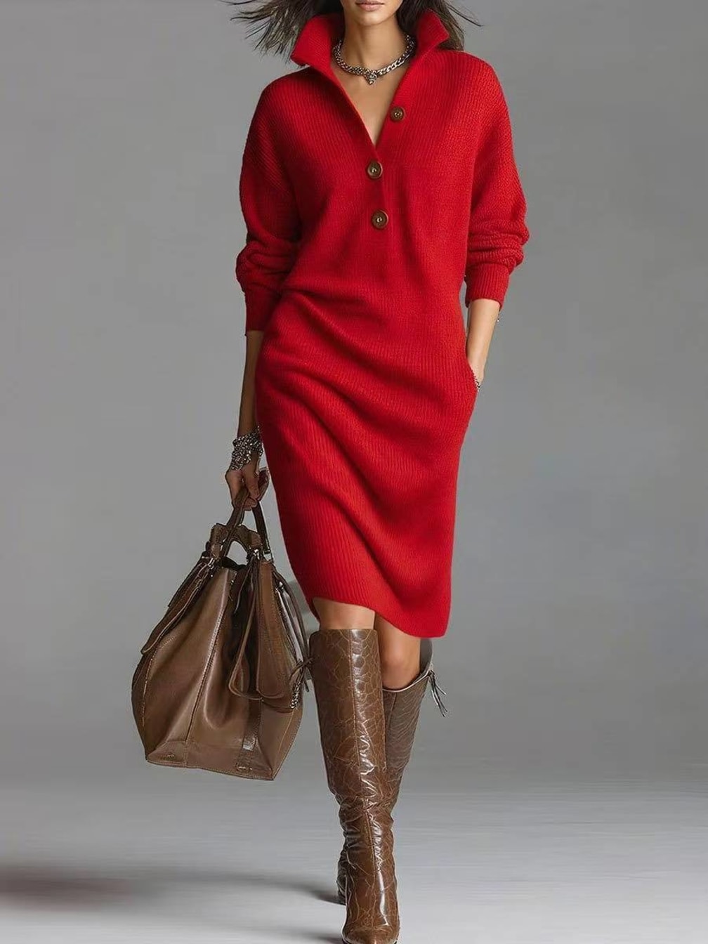 Women's Collared Knit Jumper Dress with Button Placket and Side Pockets - Philippa - Red