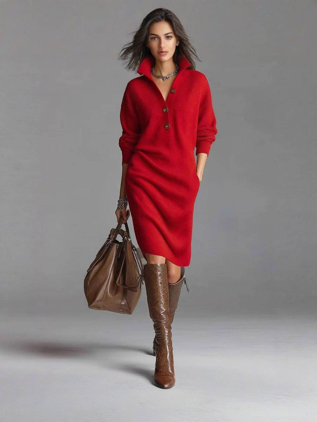Women's Collared Knit Jumper Dress with Button Placket and Side Pockets - Philippa - Black