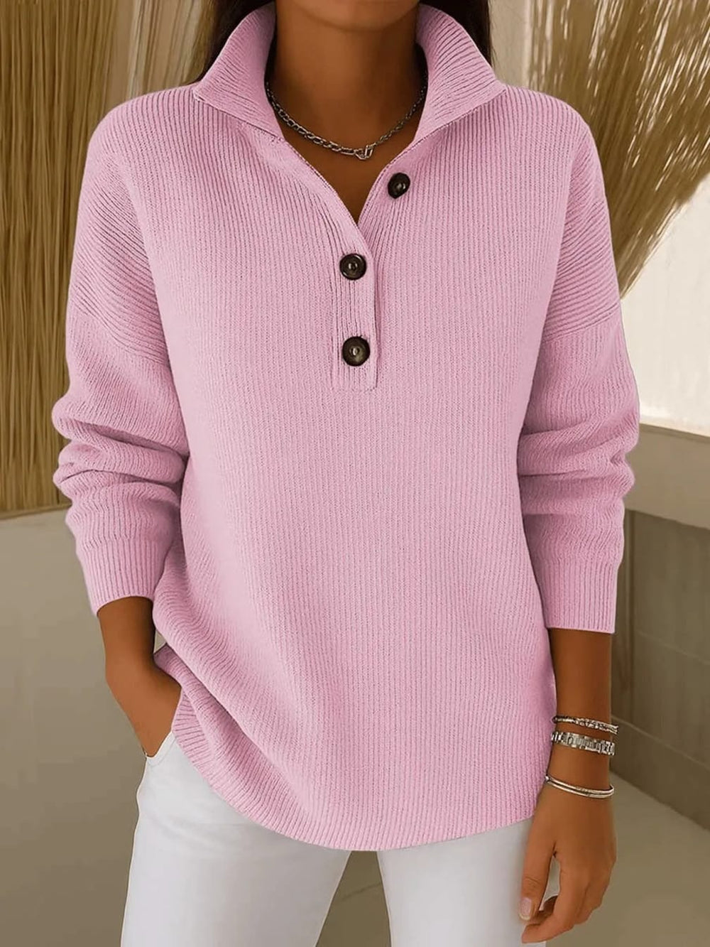 Women's Collared Half-Button Jumper with Dropped Shoulders and Ribbed Texture - Norwin - Blush Pink