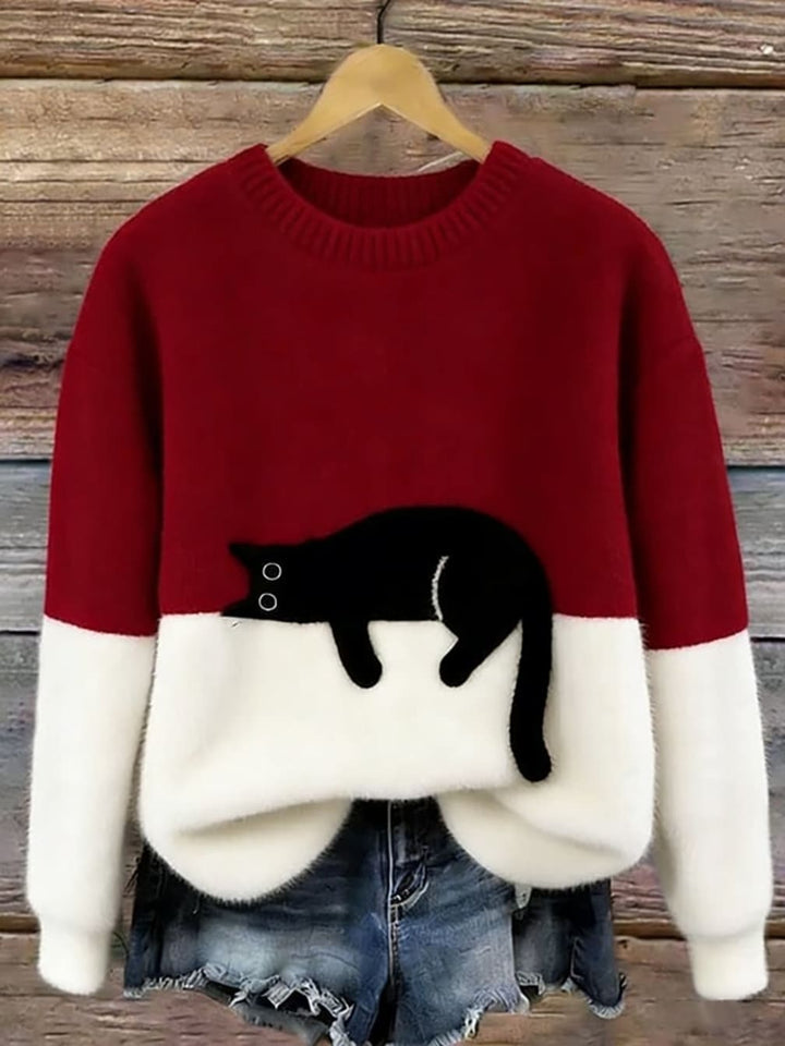 Women's Crew-Neck Jumper with Sleeping Cat Design and Two-Tone Body - Merryn - Wine Red
