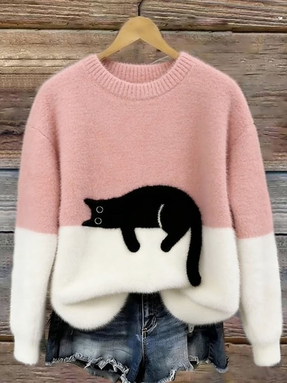 Women's Crew-Neck Jumper with Sleeping Cat Design and Two-Tone Body - Merryn - Blush Pink